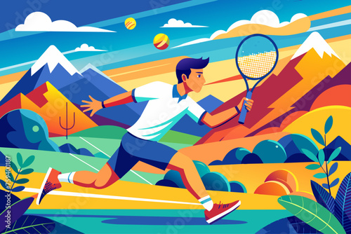 Tennis players engage in an intense match on a vibrant, colorful hard court.