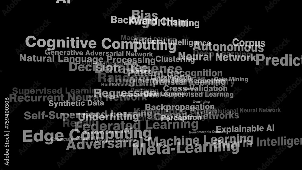 Ai texts on black background showcasing artificial intelligence technology deep learning, neural network, and more