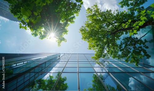 Eco-friendly sustainable building with green environment. glass office building with trees for reducing carbon dioxide. reduce CO2. generative AI 