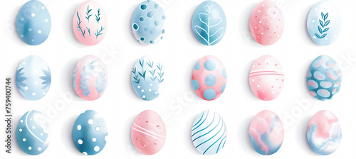 Assortment of pastel blue and pink easter eggs with floral patterns
