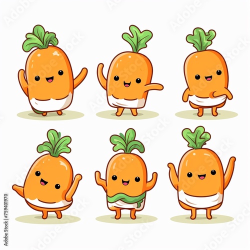 Delightful carrot cartoon with arms and legs in six unique poses, ideal for die-cut stickers,white background for die-cutting
