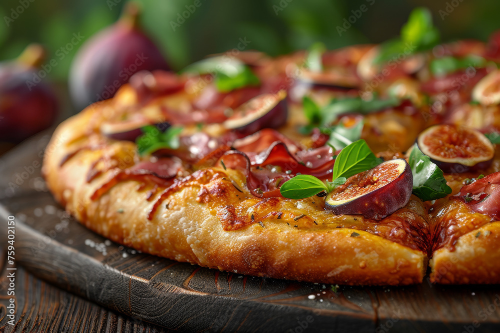 Gourmet Fig and Prosciutto Pizza on Wooden Tray Close-Up Gen AI