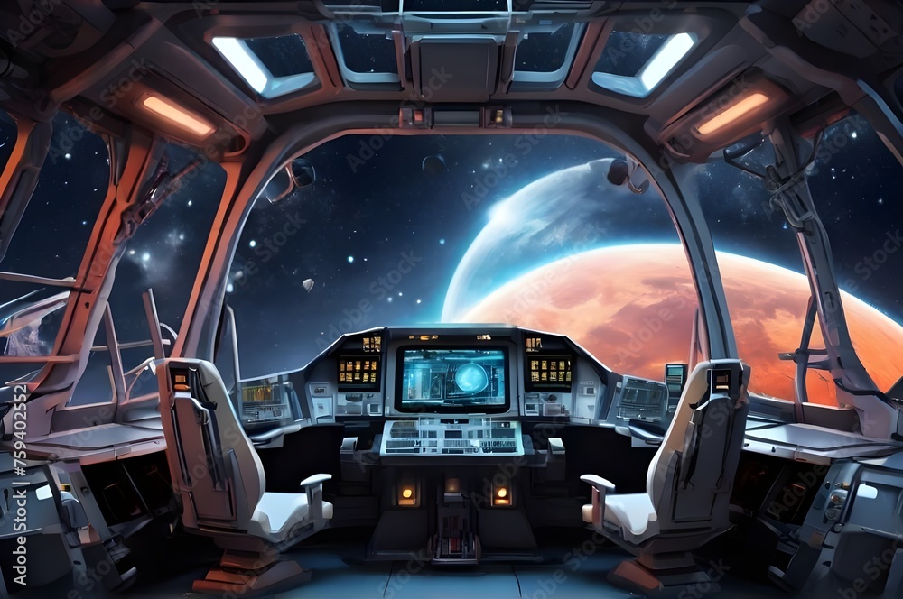 Spaceship cockpit inside with view out a window. Spaceship cabin with futuristic panel and control station for astronaut. Space travel and spacewalking will be commonplace in Earth's future concept. Spaceship cockpit inside with view out a window. Spaceship cabin with futuristic panel and control station for astronaut. Space travel and spacewalking will be commonplace in Earth's future concept.