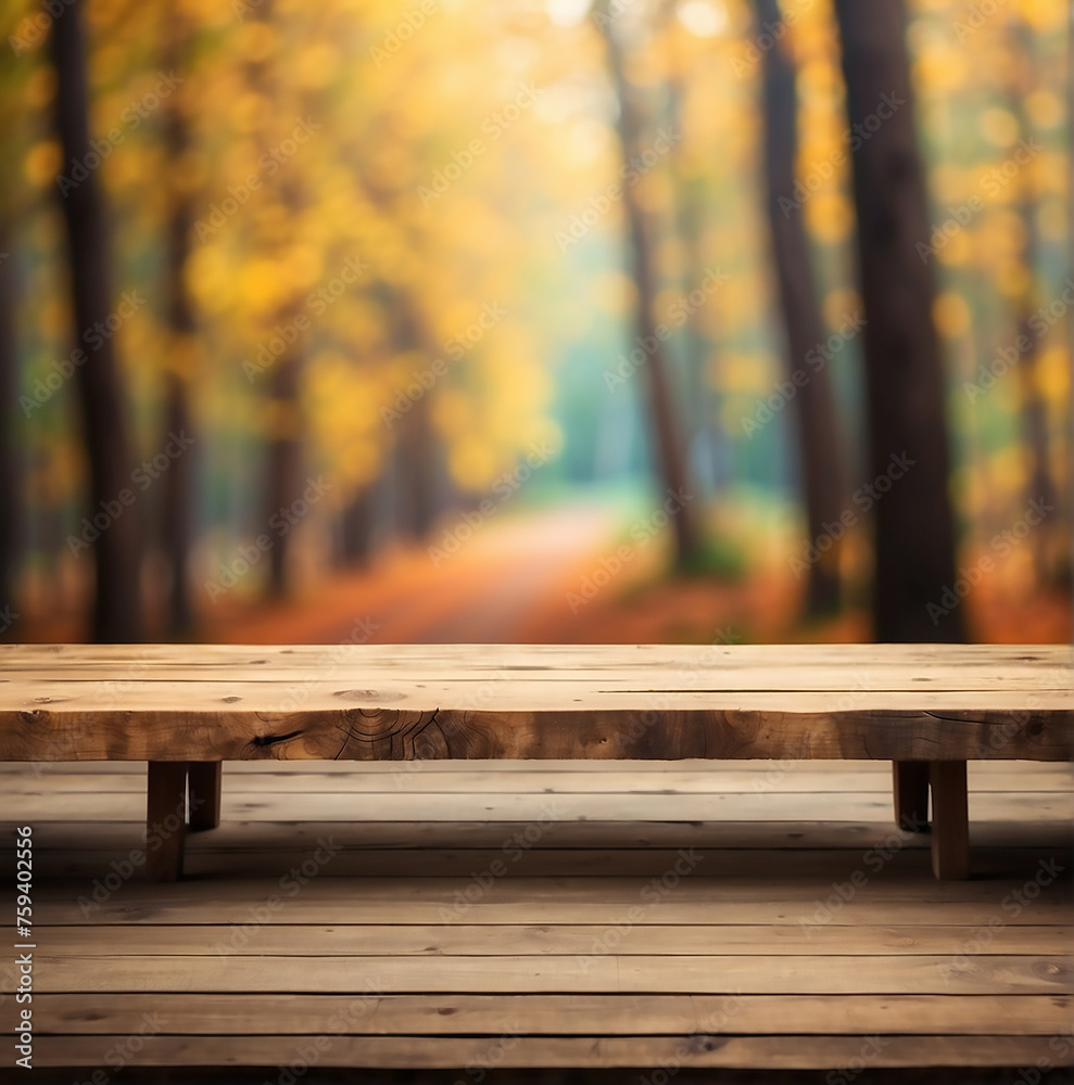 The empty rustic wooden table for product display with blur background of autumn forest. Exuberant image