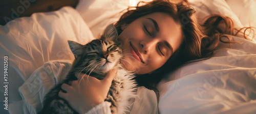 Beautiful woman cuddling fluffy cat on peaceful morning in cozy bed at home photo
