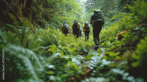 a man with friends, magazine photography, group of friends hiking in a lush forest