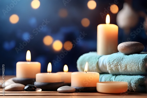 Perfect banner for spa with stones and burning candles for hot massage. Spa and wellness concept. Dayspa nature products. Beauty spa treatment and relax concept.