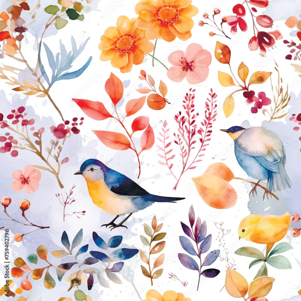 Watercolor hand drawn painting colorful birds seamless pattern. Spring summer vector ornamental  background with branches, birds, flowers, leaves. Drawing watercolor repeat backdrop. Beautiful design