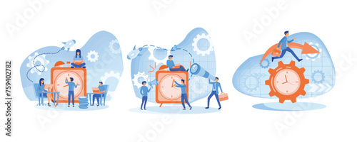 Time management concept. Alarm clock rings on   of work time management. Organization of process. Set flat vector modern illustration