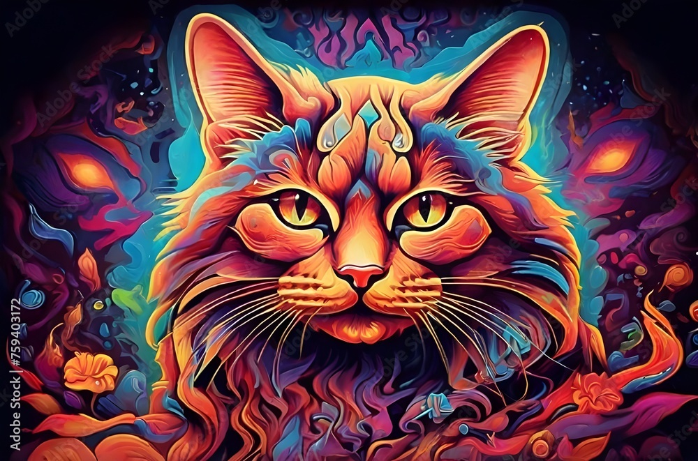 Closeup of psychedelic cat isolated on colorful background for t-shirt, sticker, logo, mug print. Cartoon character image. Surreal fantasy with ethereal visuals and whimsical color blends