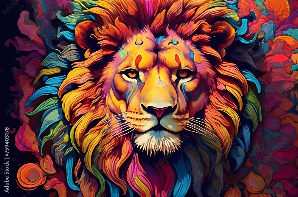Closeup of psychedelic lion isolated on dark background for t shirt, sticker, logo, mug print. Cartoon character image. Surreal fantasy with ethereal visuals and whimsical color blends