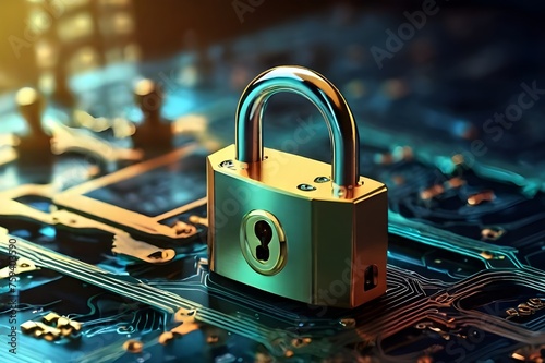 Cyber security concept. Isometric protection concept. Protect mechanism, system privacy. Lock symbol from lines, point connecting network on blue background. Abstract security digital technology backg photo
