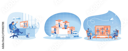 Man at desktop chatting with friends online. Online Discussion and Video Conference Concept. Online business conference. Set flat vector modern illustration