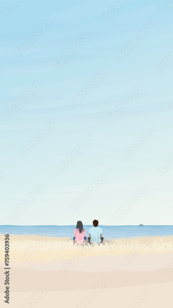Couple of lover sitting on field at coastal and tropical blue sea in autumn season vector illustration vertical shape. Valentine's day concept flat design.