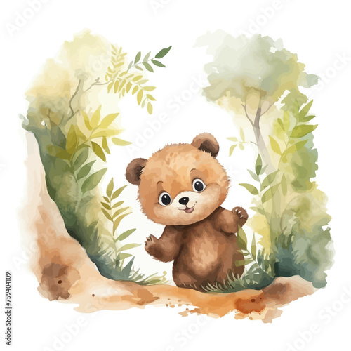 Cute little bear cartoon in watercolor painting style