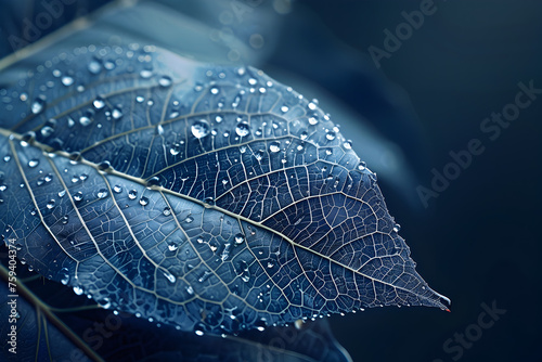 A translucent leaf with pulsating digital lines representing data flow, against a pitch - black background. photo