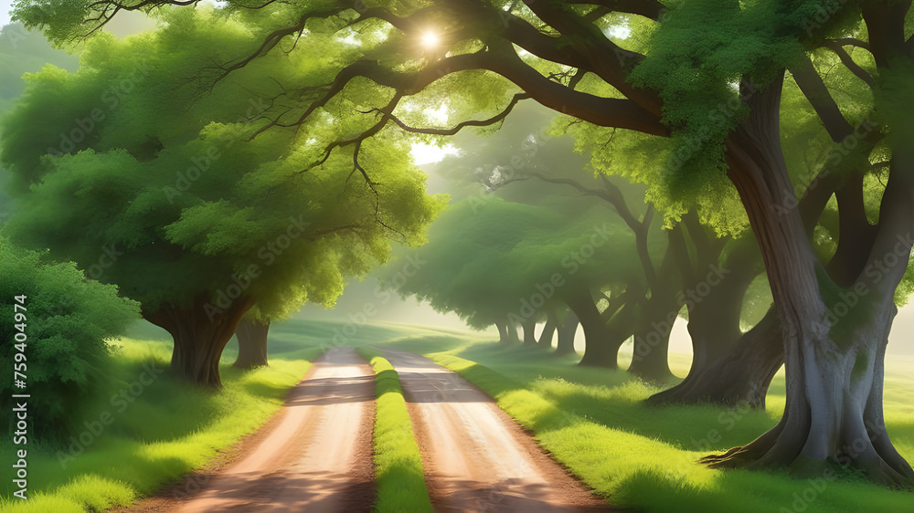 Naklejka premium Morning Bliss: Vibrant Foliage Against Rolling Landscape in Serene Panoramic Shot.