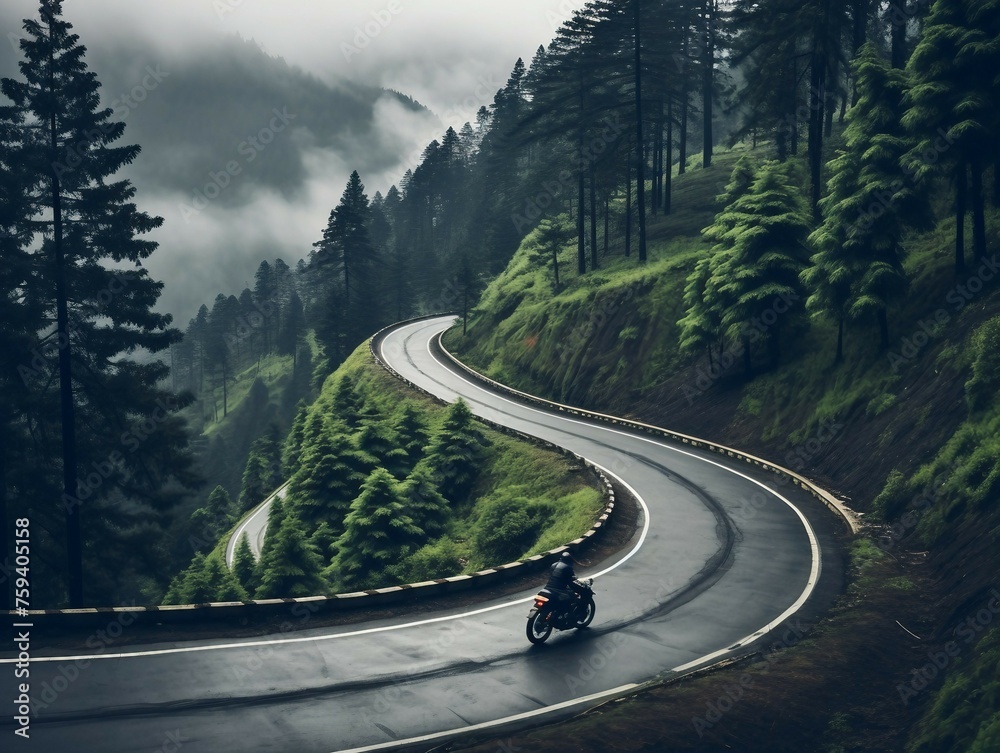 Cyclist riding a motorbike on the road in the mountains