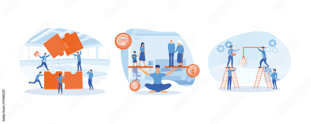 Symbol of teamwork, cooperation, partnership. Good balance between idea, time and work. Businessmen and teamwork. Set flat vector modern illustration