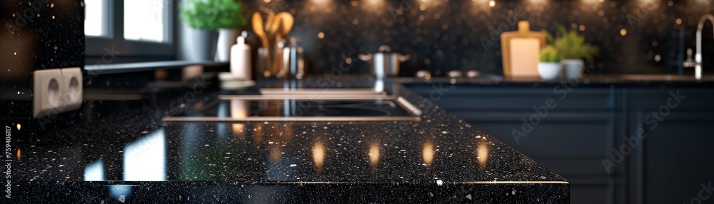 sleek black granite surface with sparkling quartz details backgroud, high gloss finish