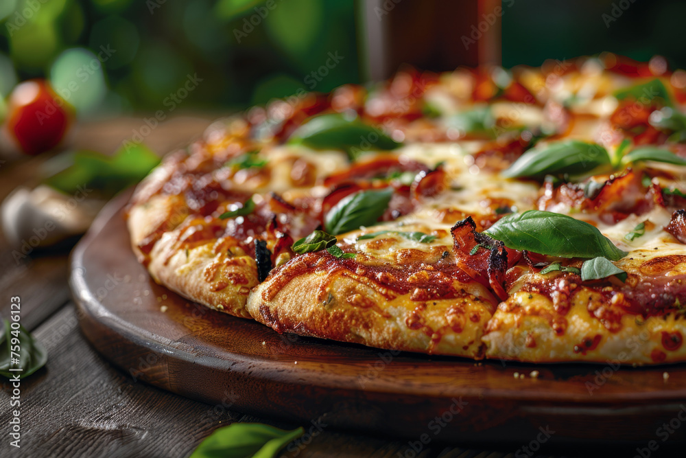 Close-up High-Quality Margherita Pizza with Buffalo Mozzarella on Wooden Tray Gen AI