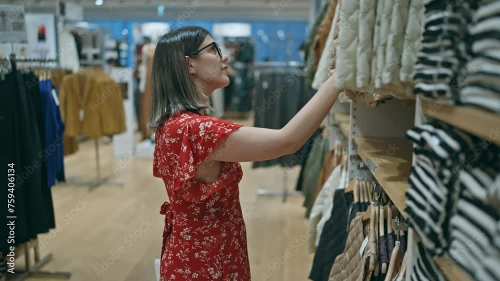 Fashion passion! beautiful hispanic woman with glasses choosing chic clothes in a retail store. portrait of a young, brunette shopper shopping at a boutique in the mall. Fashion passion! beautiful hispanic woman with glasses choosing chic clothes in a retail store. portrait of a young, brunette shopper shopping at a boutique in the mall.