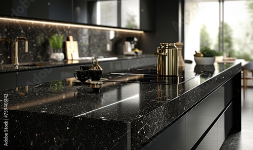 sleek black granite surface with sparkling quartz details backgroud, high gloss finish photo