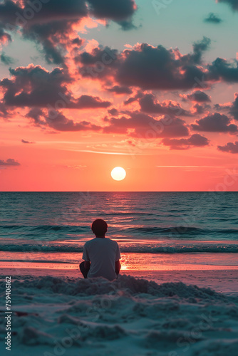 A person sitting on the sand  watching the sun dip below the horizon  and taking in the calming colors of a beach sunset.