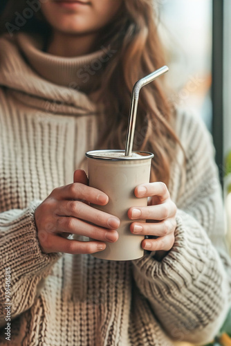 A woman using a reusable stainless steel straw drinking a drink.