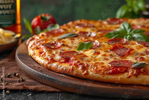 Close-Up High-Quality Macro Photography of Margherita Pizza with Buffalo Mozzarella on Wooden Tray Gen AI photo