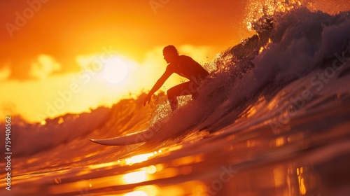 Surfer on Ocean Wave Getting Barreled at sunset time