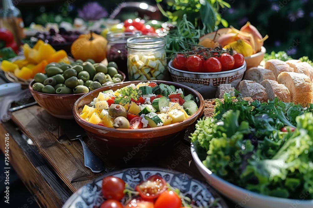 Fresh and healthy picnic spread, vibrant colors of a summer feast.