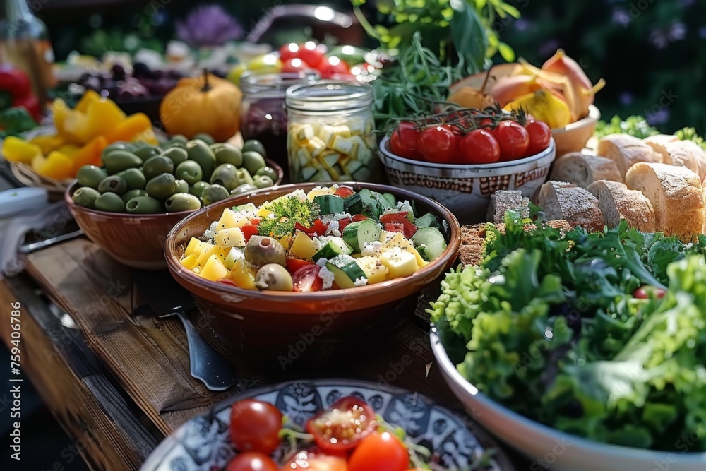 Fresh and healthy picnic spread, vibrant colors of a summer feast. Fresh and healthy picnic spread, vibrant colors of a summer feast.