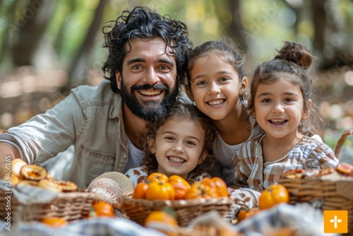 A joyful father with his three daughters  smiling among baskets of fresh persimmons in a sunny forest.