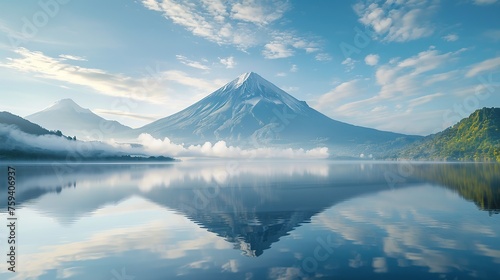 Volcanic mountain in morning light reflected in calm waters of lake. copy space for text.