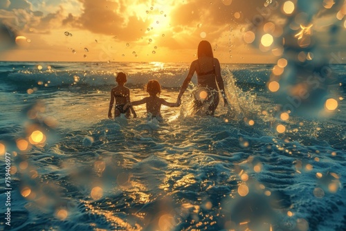Family in ocean at sunset  sparkling water  joyful play in the golden hour.