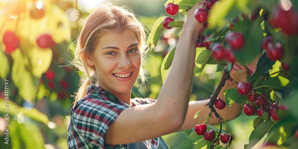 Beautiful woman enjoying picking up cherries in green orchard. Beautiful woman enjoying picking up cherries in green orchard.