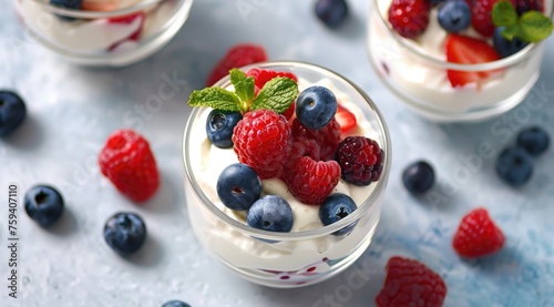 Healthy yogurt parfaits with fresh berries.