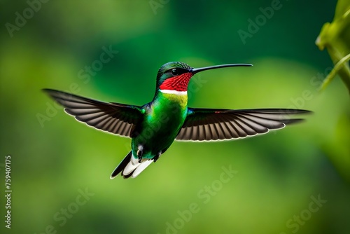 A male Black-throated Mango hummingbird hovering in the air with a green blurred background. Wildlife in nature. Bird in wild © MISHAL