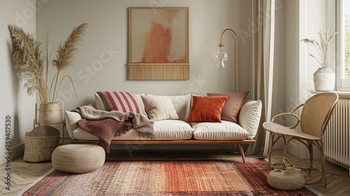 Frame mockup. Warm colored rugs and lovely cushions  mini-mull style home interior