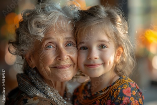 An elderly woman with twinkling blue eyes shares a close embrace with a young girl. 