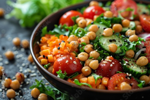 A fresh, colorful salad with chickpeas, cherry tomatoes, diced carrots, and cucumbers, garnished with sesame seeds, on a dark surface with scattered ingredients around.
