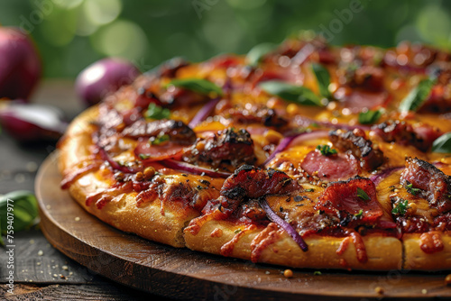 Macro Photography of Philly Cheesesteak Pizza on Wooden Tray Gen AI photo