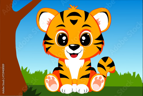 A cute tiger stands in front of a tree in a verdant forest.