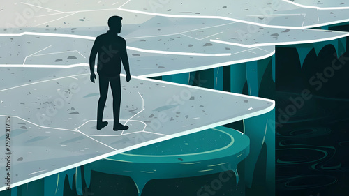 A person standing on a thin ice. The ice represents the fragility and uncertainty that anxiety can create. Anxiety conceptual illustration.