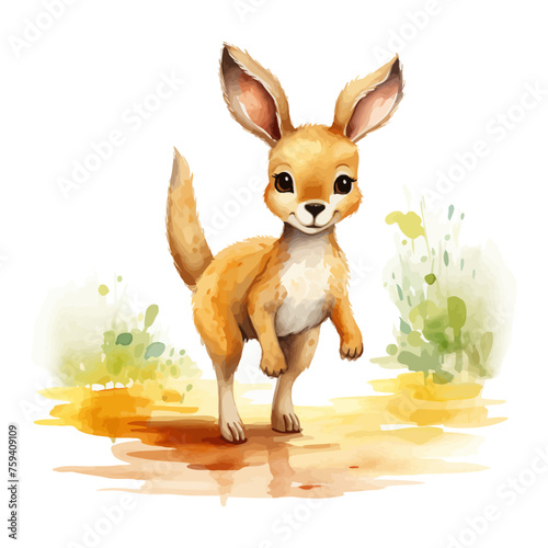 Cute kangaroo cartoon in watercolor painting style