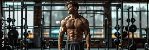 Male athlete posing in the gym after a workout 