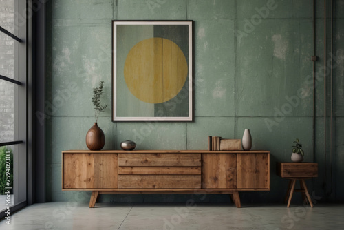Rustic cabinet against near concrete wall with art poster mock up. Minimalist, loft, urban home interior design of modern living room.