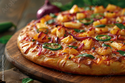 Close-up Macro Photography of Pineapple and Jalape o Pizza on Wooden Tray Gen AI