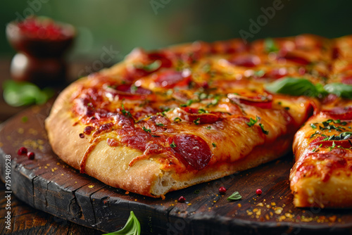 High-Quality Macro Pizza Slice on Wooden Tray Gen AI